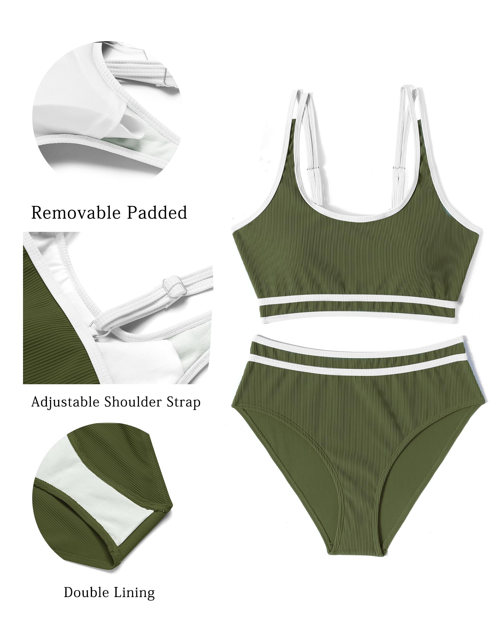 Ekouaer Dwuczęściowy zestaw bikini dla kobiet, wyszczuplający brzuch, sportowy zestaw bikini z wysokim stanem, moda kąpielowa, push up, prążkowane