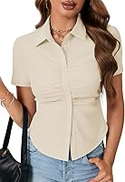 Vista 2 de LYANER Blusa de trabajo de manga corta acanalada con cuello en V y botones para mujer