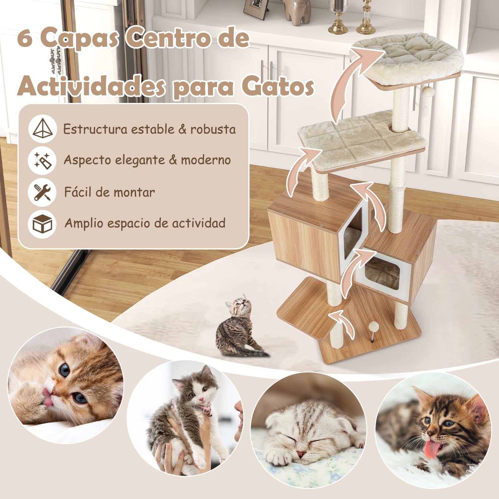 GOPLUS Árbol para Gatos de Varias Capas de 163 cm, Torre de Actividades para Gatos Escaladores en Interiores con Postes para Rascar, Plataforma Acolchada, 2 Condominios, 3 Bolas