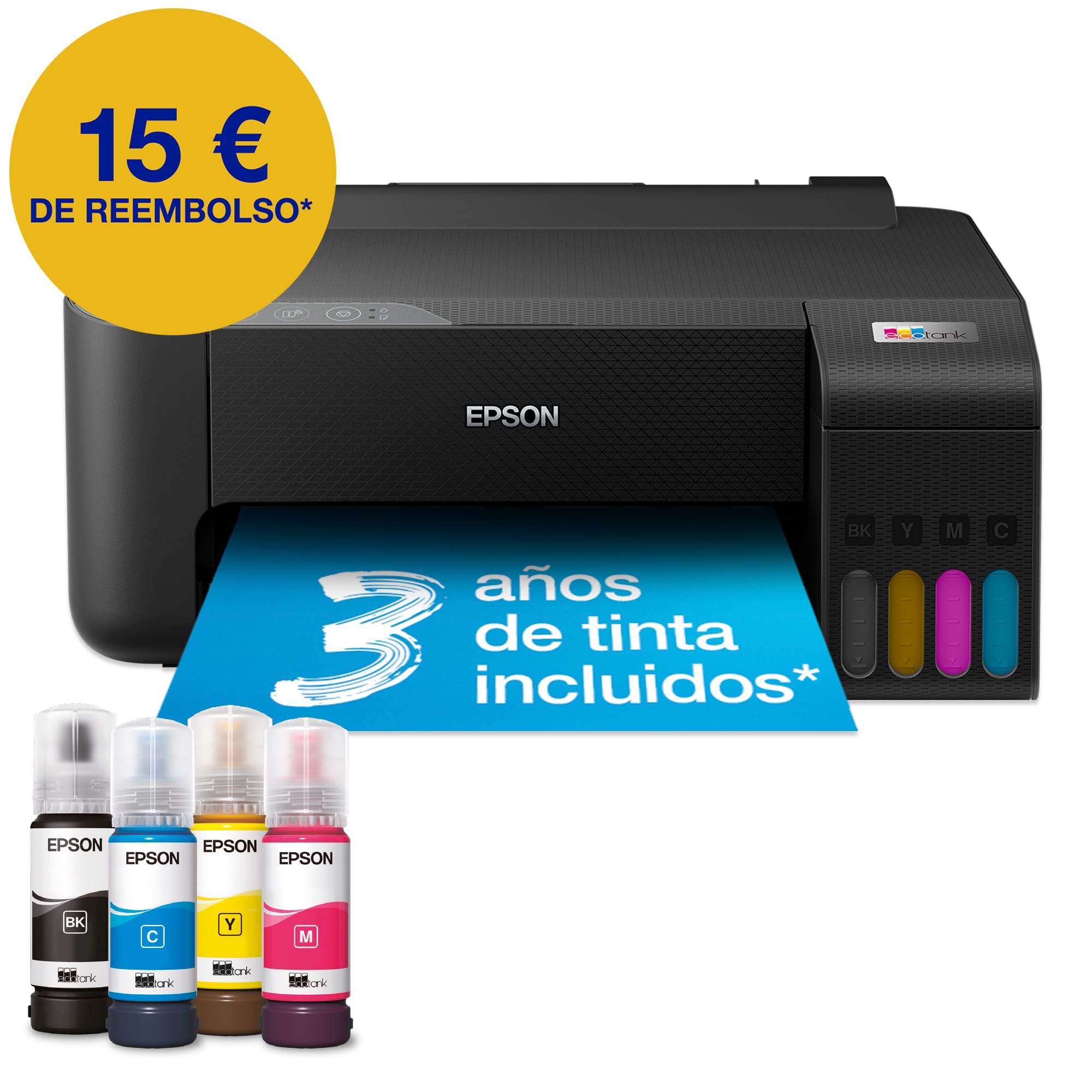 Epson EcoTank ET-1810 | Impresora Inalambrica Compacta, WiFi, A4 con Depósito de Tinta Recargable, Impresión Fotográfica de hasta 10x15 cm, Aplicación Smart Panel | Color Negro