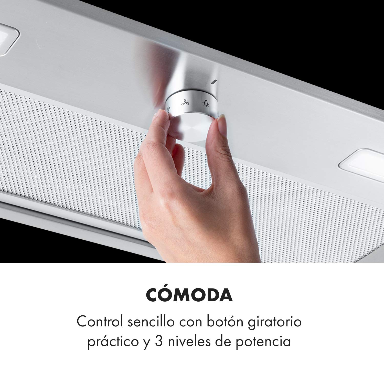Klarstein Simplica 70 campana extractora - 70 cm de ancho, extracción de 400 m³/h, función de ventilación, botón giratorio, 3 niveles, iluminación LED de 1,5 W, acero inoxidable