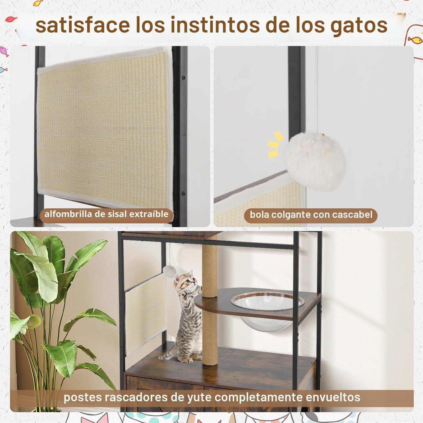 GYMAX Árbol rascador 3 en 1 de 150 cm, con caja de arena para gatos, armario y plataformas, árbol rascador para gatos con columna rascador y hamaca transparente, casa para gatos, armario para gatos
