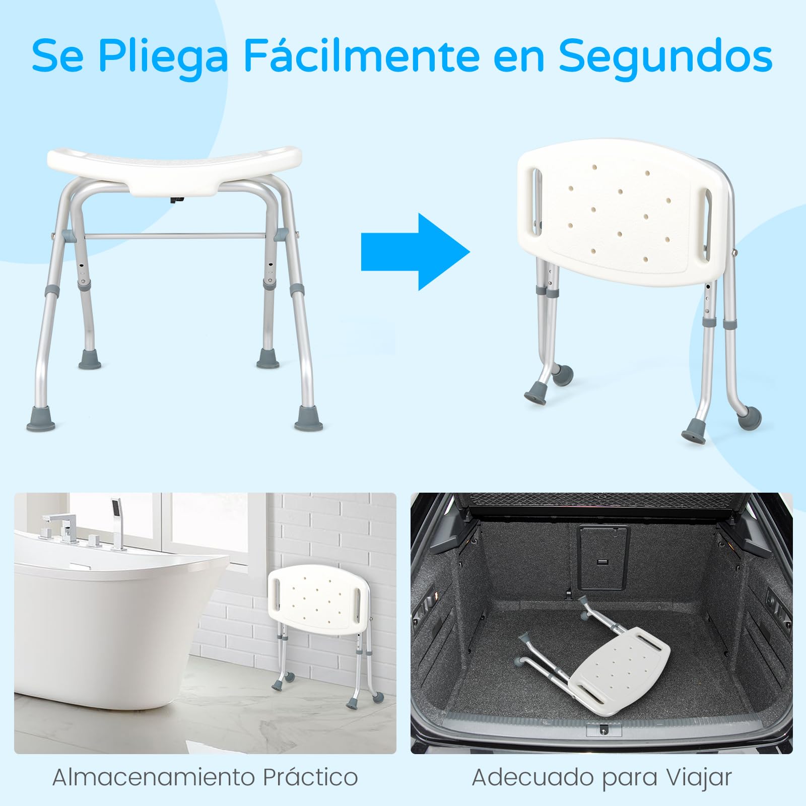 RELAX4LIFE Taburete Baño Plegable con 3 Altura Ajustable 49-52,5cm, Taburete Ducha Antideslizante de Aluminio y HDPE con Orificios de Drenaje para Personas Mayores, Discapacitadas, Carga 150kg