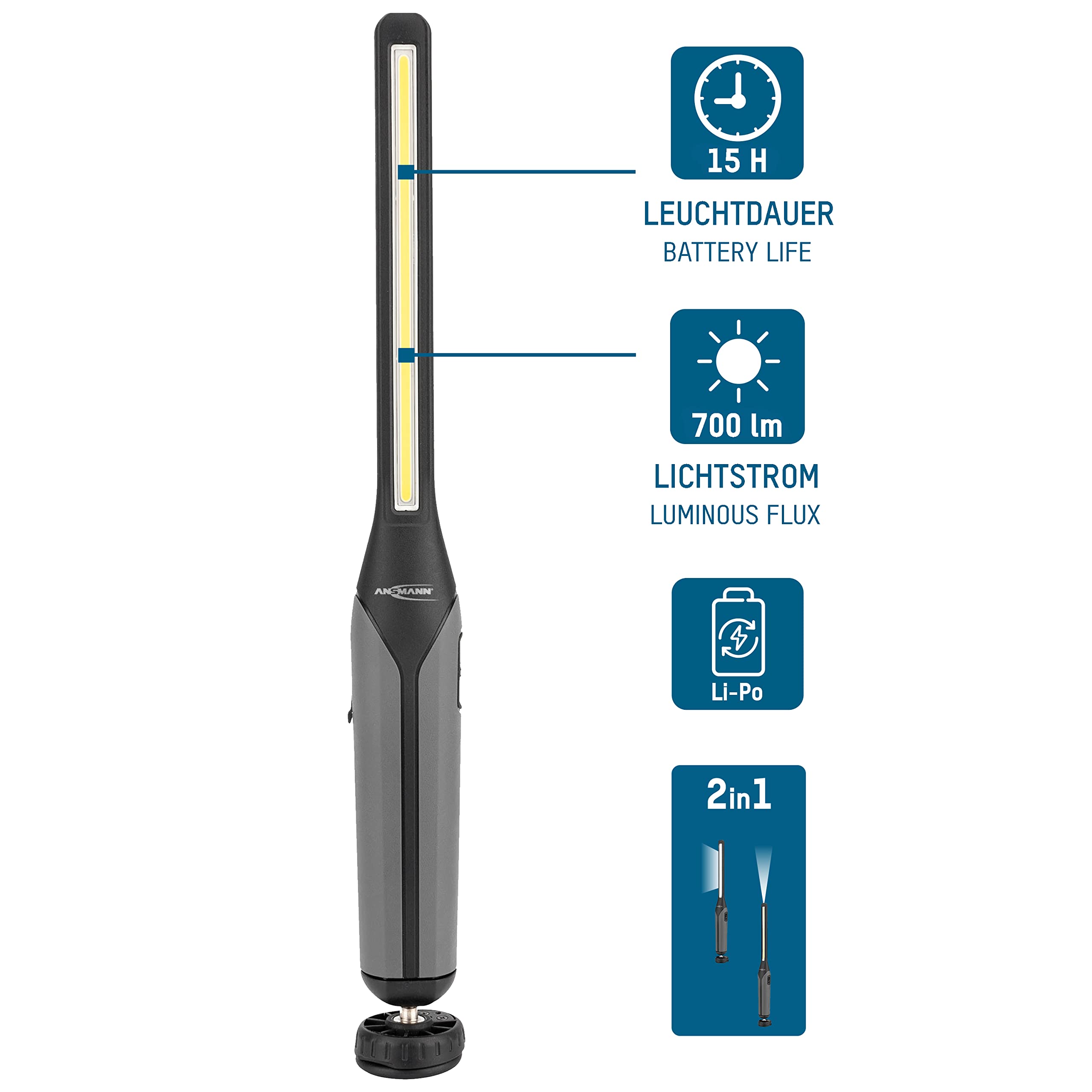 Ansmann Lampada da lavoro professionale IL700R, 7 W, COB LED 2 in 1, ricaricabile con magnete e gancio, maneggevole e robusta per officina, cantiere, artigianato, auto, ispezione, colore nero