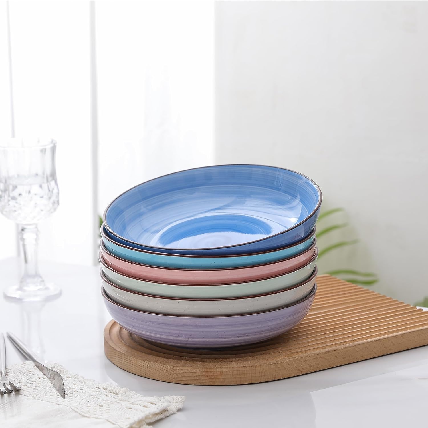 Selamica Ceramic Pasta Bowls Set 34 OZ, Large Salad Bowl 8.6 Inch Deep Plates for Pasta Soup, Microwave & Dishwasher Safe, Set of 6, Gradient Color