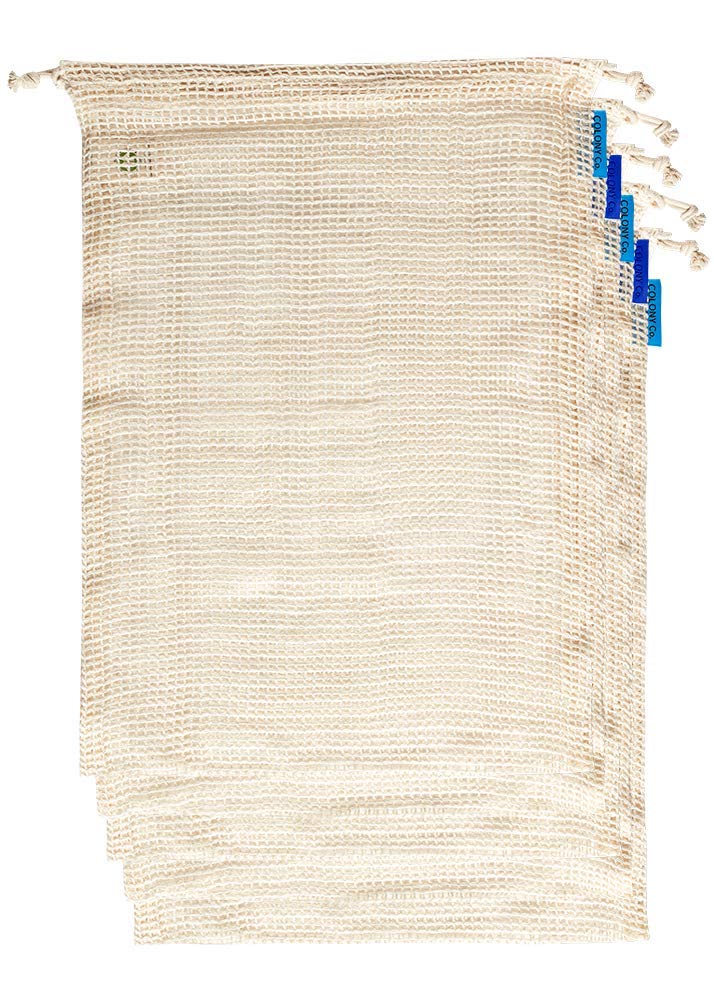 COLONY CO Reusable Produce Bags | Natural Cotton Mesh is Biodegradable | Machine Washable & Dryer Friendly | Tare Weight on Label | Double-Stitched Seams Large Beige PBLRG6