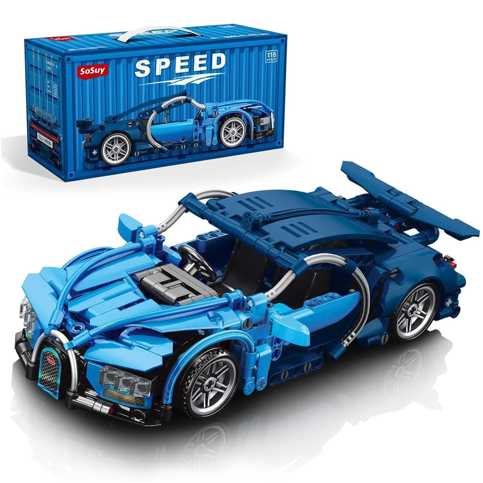 Sosuy Building-Block Race-Car Set,1:18 Technical Modle Kit 473 Pcs DIY Blue Pull-Back Toy for Boy Girl Kid Age 6+ Year,Birthday Gift for Teen Adult Display,Speed Super Sports Cars Bricks Icons