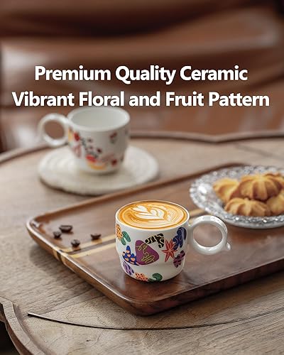 Miniatura 6 de Juego de 2 tazas de café espresso de cerámica, mini tazas de café doble de 3 onzas, tazas pequeñas de café espresso con bonito mango Q, regalo para