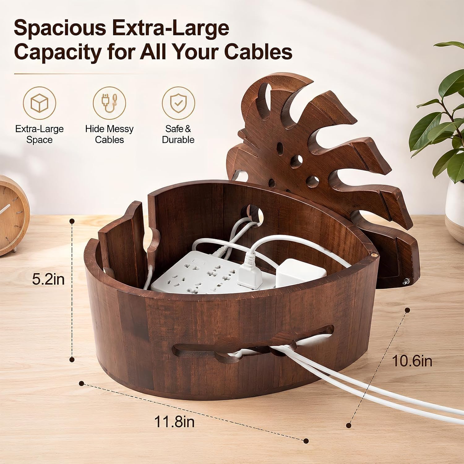 Acacia Wood Cable Management Box, Wooden Hider & Organizer for Power Strip image 2