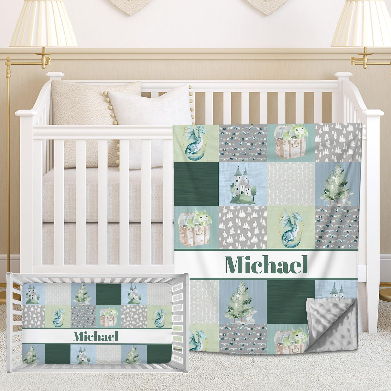 Noverbibi Personalized Baby Crib Bedding Sets for Boys Girls, Custom Name Cute Dragon 2 Piece Nursery Baby Bedding Set, Customized Crib Fitted Sheets and Minky Comforter for Newborn Babies