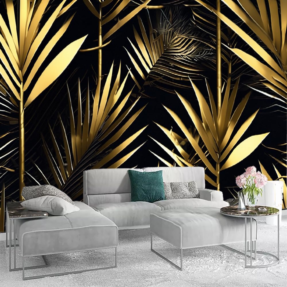 BCEOME Papel Tapiz Autoadhesivo 3D Con Hojas De Plantas Doradas 3D, Hojas De Palmera Sobre Fondo Negro, Papel De Pared Grande Para Dormitorio, Sala De Estar, Decoración Del Hogar (59 Pulgadas