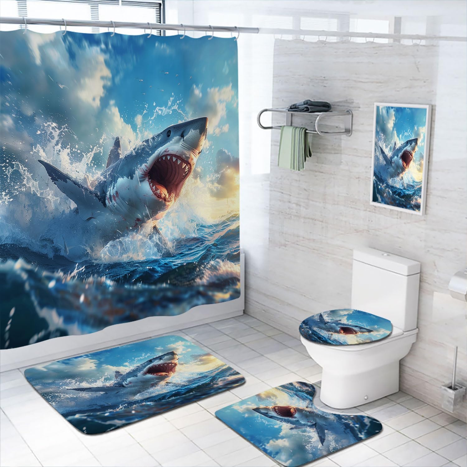 4 Pcs Rusticd Fish Bathroom Shower Curtain Set with Rugs,Toilet Lid Cover, Bath Mat Retro Salmon Vintage Fishing Forest River Bathroom Shower Curtain with 12 Hooks Accessories Decorative