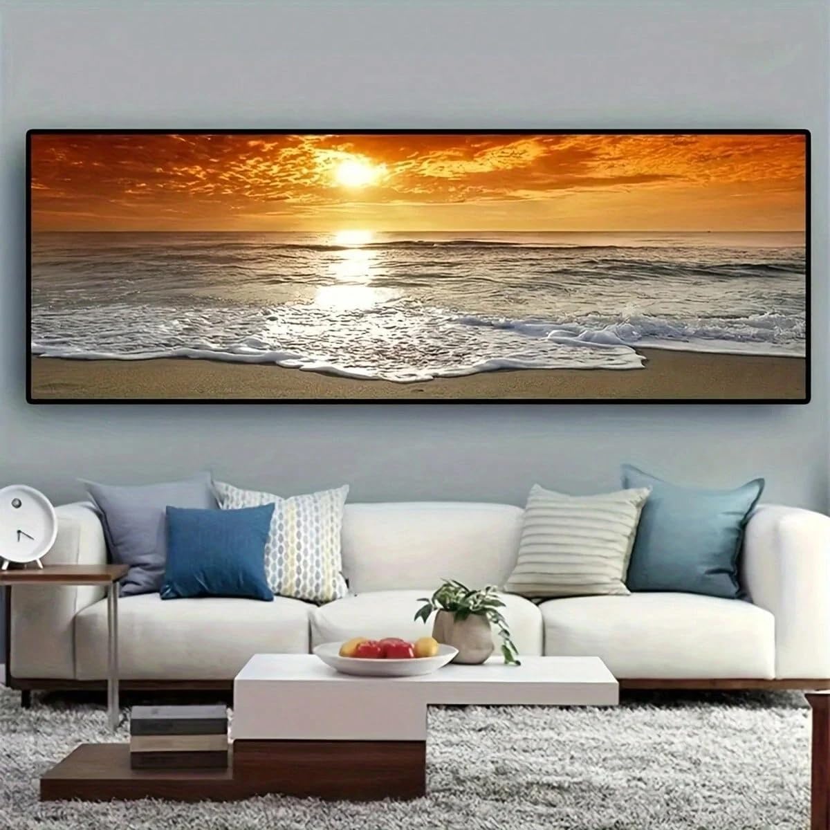TZKBDMA Stampa su tela panoramica con paesaggio marino al tramonto - Poster artistico scandinavo per soggiorno, decorazione murale con paesaggio naturale (70x210 cm/senza cornice)