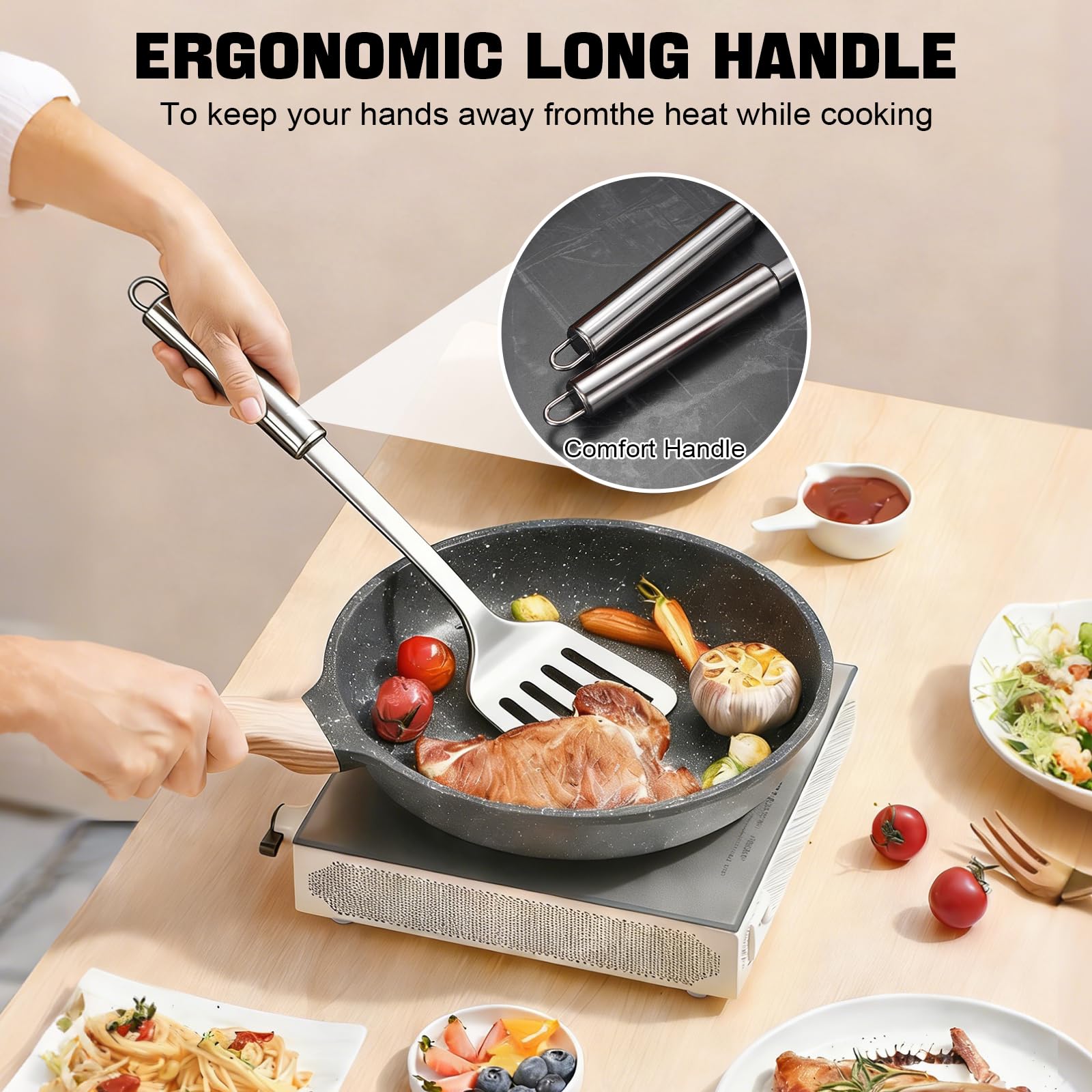Set Utensili Cucina in Acciaio Inox 7 Pezzi, Set Pentole con Supporto (Mestolo, Schiumarola, Paletta, Forchettone, Cucchiaio per Riso), Lavabile in Lavastoviglie, set pentole acciaio ino