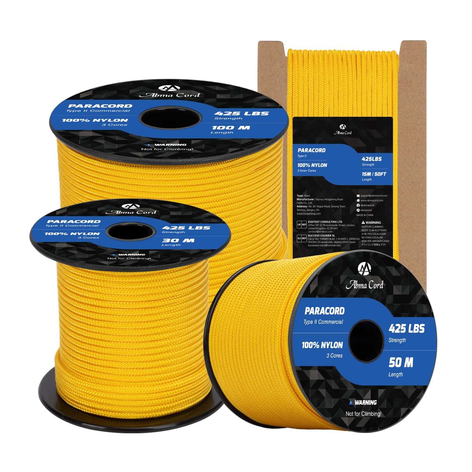 Abma Cord Paracord 3mm 15m 100% Nylon Rope Type II 3 Strands Parachute Cord - Max. 192kg (425lbs) - Golden Yellow