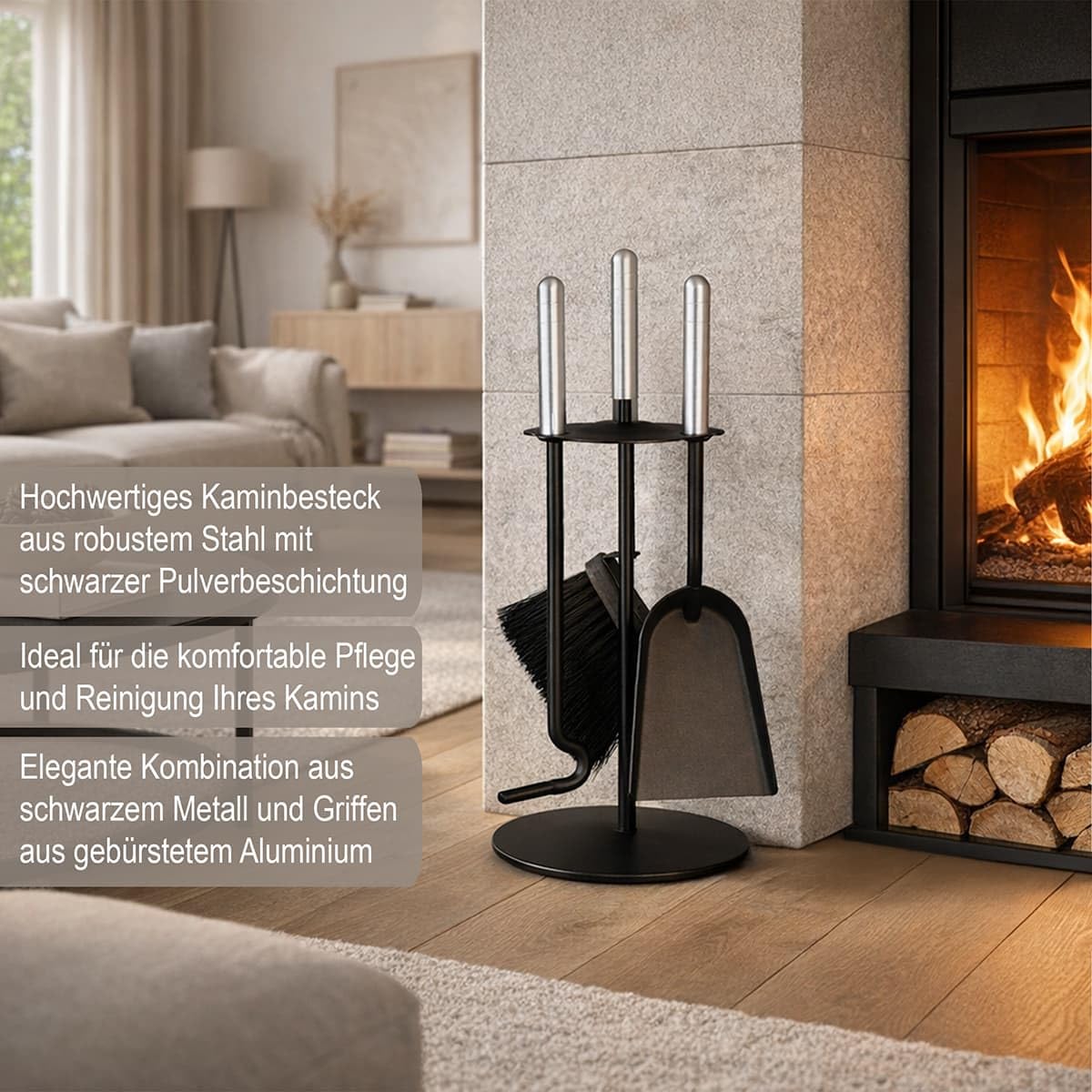 MS Beschläge Kaminbesteck 4-tlg. schwarz pulverbeschichtet – modernes Ofenbesteck Kamin-Set mit Schürhaken, Schaufel und Besen - kompakt & platzsparend - Kamingarnitur rund Griffe Aluminium gebürstet