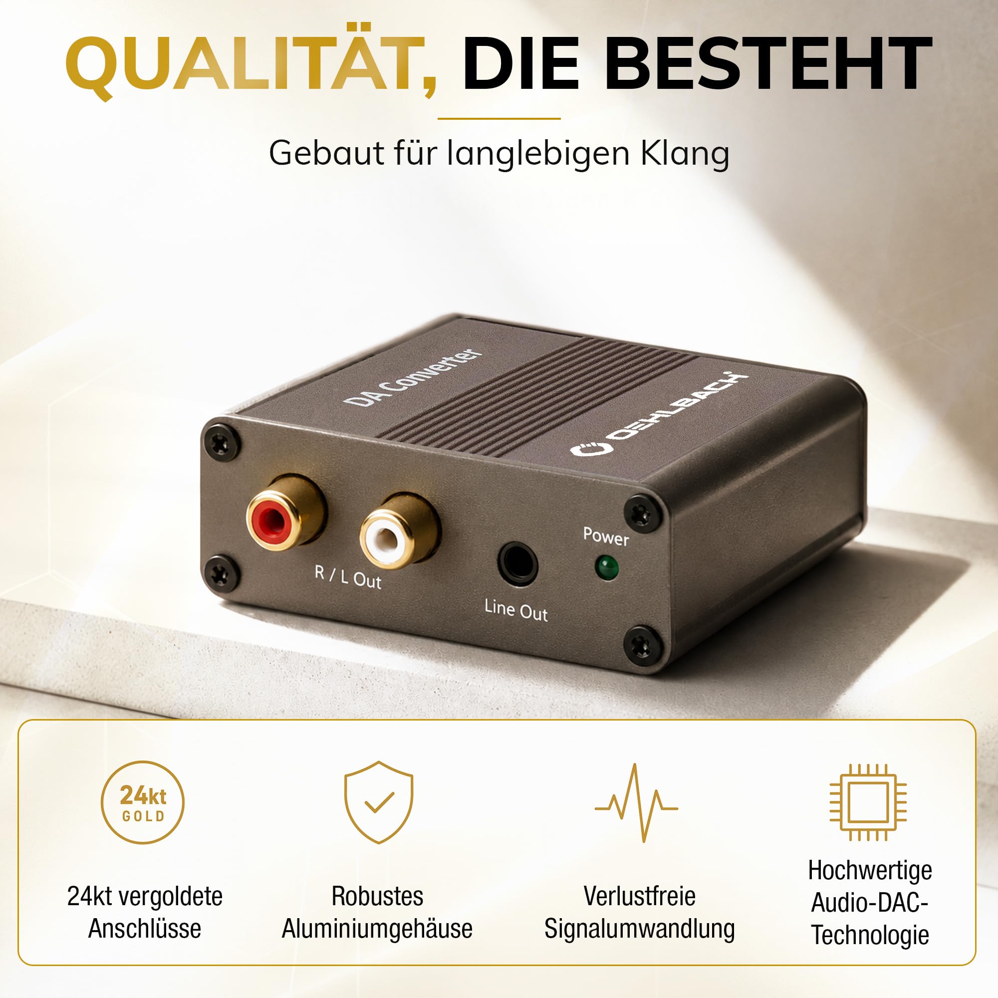 OEHLBACH Digi Bridge Convertisseur audio numérique/analogique coaxial/optique, R-L/jack, connecteur d'alimentation USB de type C, puce Cirrus Logic, marron