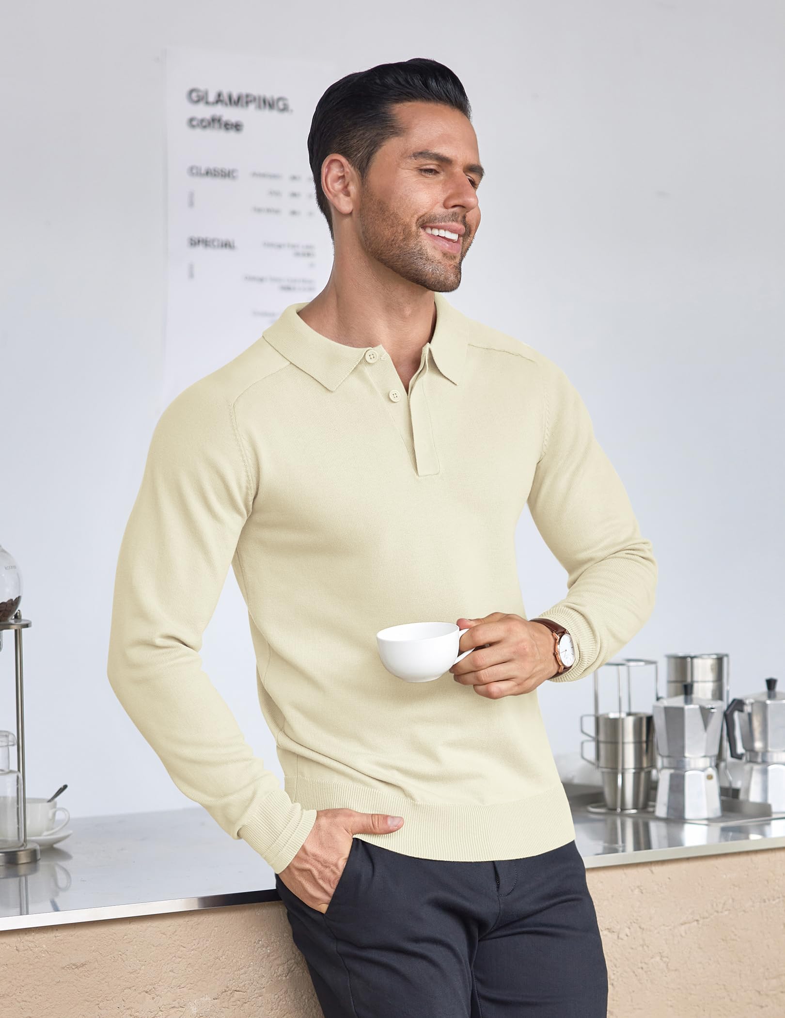 COOFANDY Maglione Polo Uomo Maglione Lavorato a Maniche Lunghe Business Maglioni Casual Pullover Tinta Unita