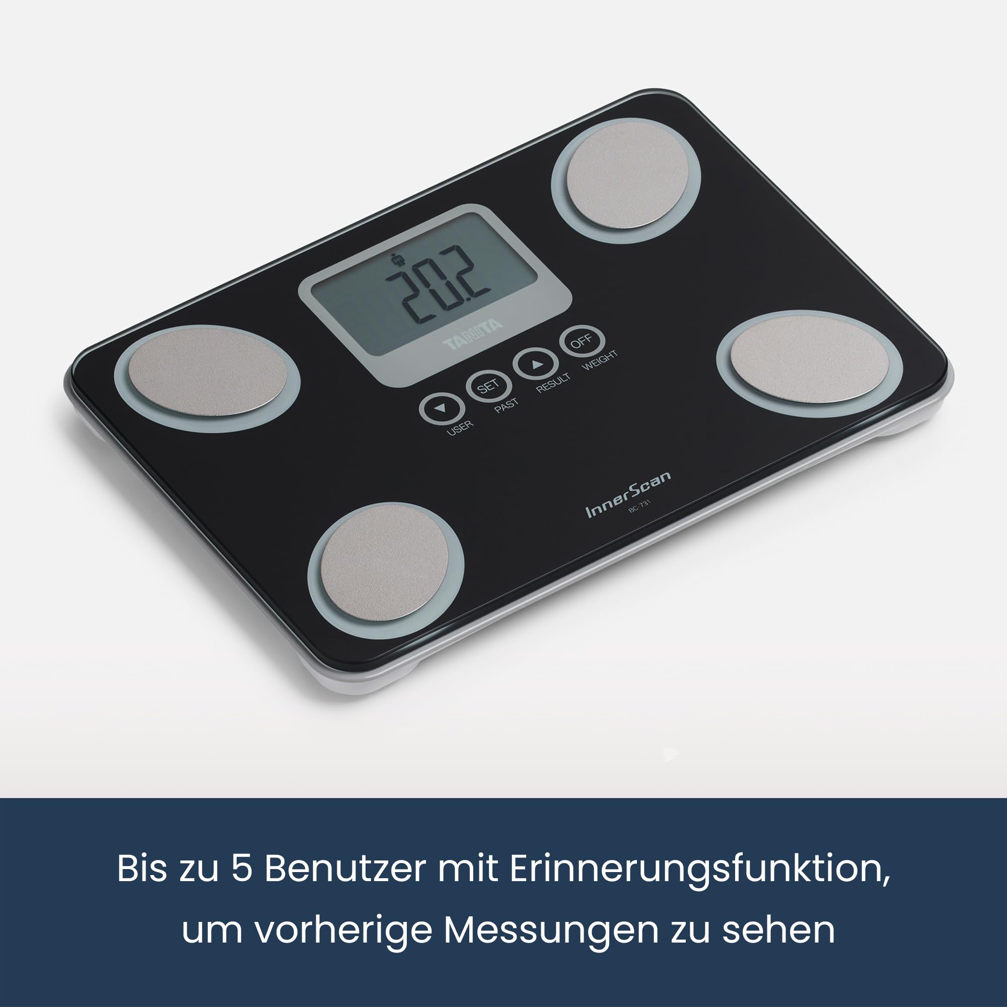 TANITA BC-731 Kompakte Innerscan-Körperanalysewaage aus Glas Gut Ablesbares LCD-Display 10 Messungen Schwarz