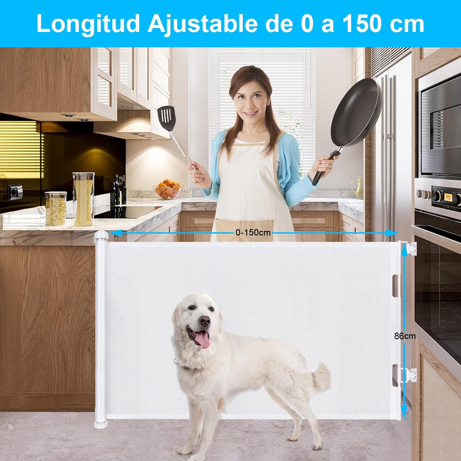 Puerta Seguridad Bebé Extensibles, Barrera Seguridad Nños y Perros, 0-150 cm Retráctil Vallas para Escaleras y Pasillos, Interiores y Exteriores