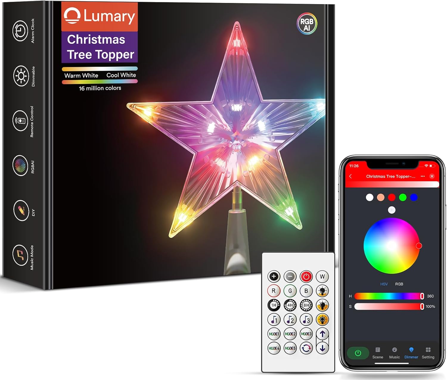 Lumary Smart Christmas Tree Topper 7 Inch, Color Changing