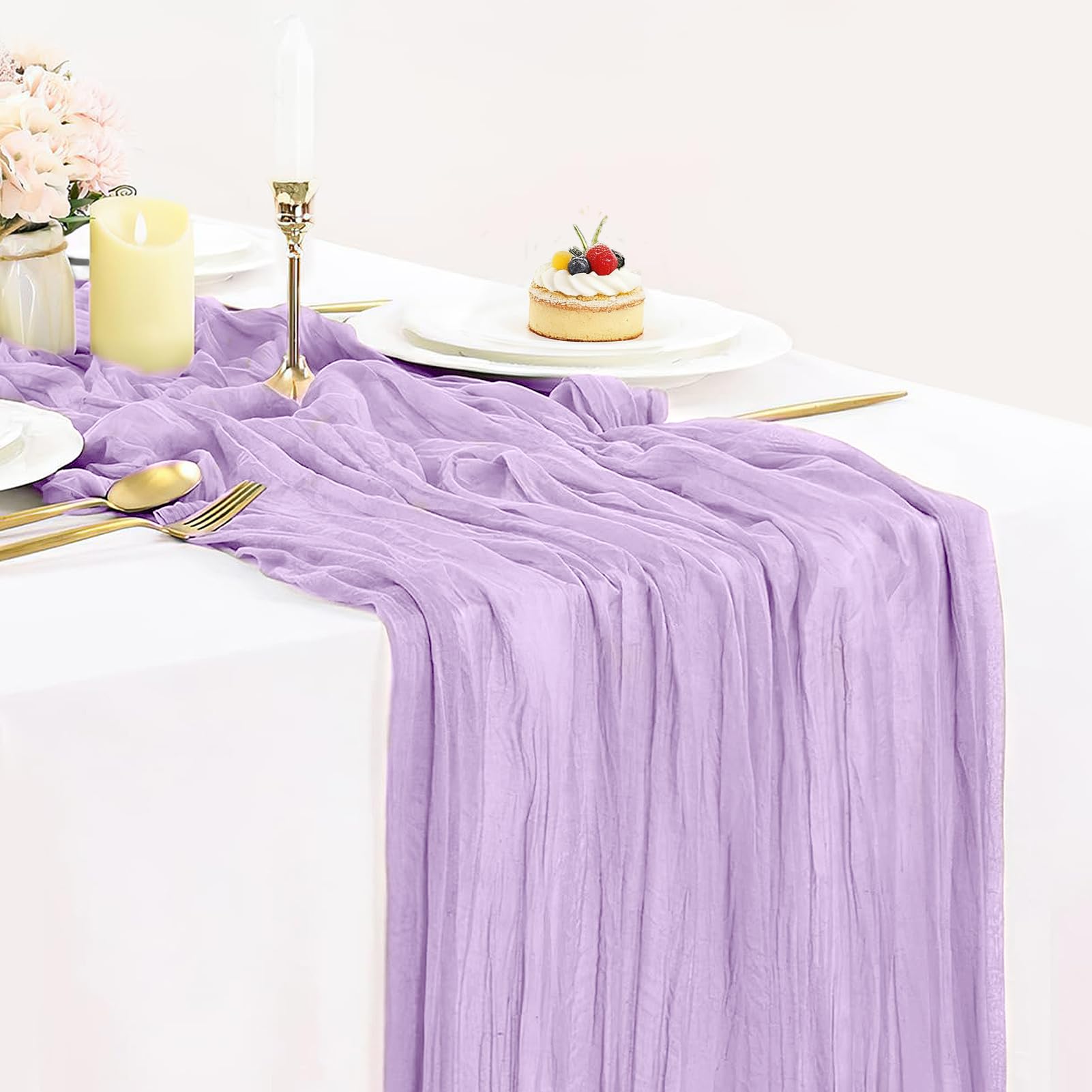 Lilac Purple Cheese Cloth Table Runner Boho Romantic 10ft Lavender Gauze Cheesecloth Table Runner for Baby Shower Decoration Wedding Bridal Shower Table Decor (35x120inch)