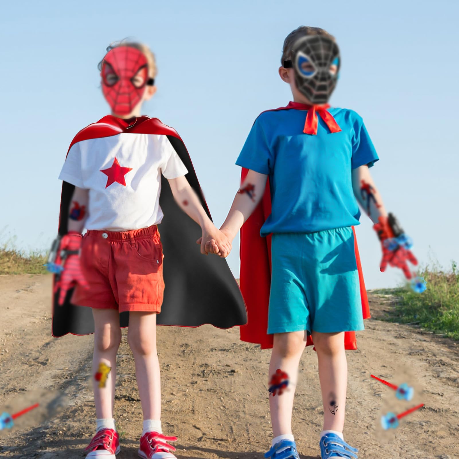 WYFDCZZP Set di 2 Spara Ragnatele Spid-er, con Guanti Spiderm,Mantello del Ragno,Maschera Spiderm Tatuaggi,Spiderm Giocattolo Giochi per 3 Anni e Oltre Bambini per Partecipare al Gioco di Ruolo(C)