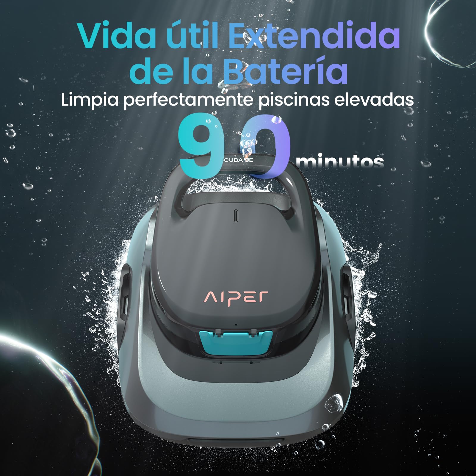 AIPER Scuba SE Robot Limpiafondos Piscina Inalámbrico, Aspirador Automático para Piscinas Elevadas, 90 Min de Autonomía, Aparcamiento Inteligente y Succión Eficiente, para Piscinas de hasta 80 m²