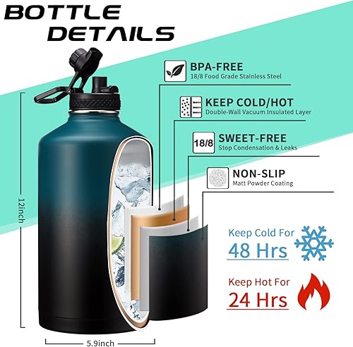 Miniatura 4 de Botella de agua grande de 1 galón de acero inoxidable y botella de agua aislada al vacío de 40 onzas con tapa de popote y boquilla, botella de agua