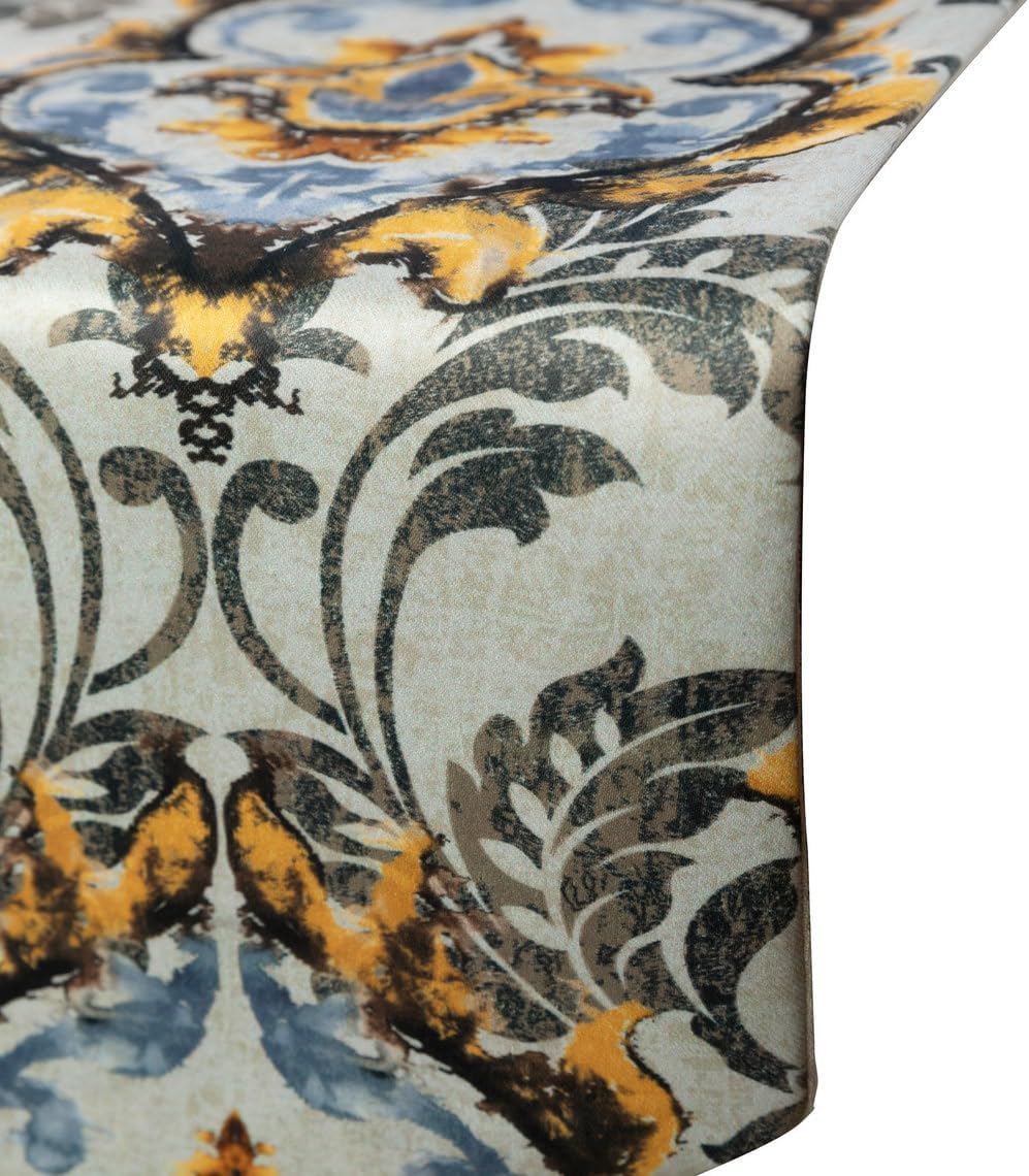 The HomeCentric Handmade Yellow & Grey Table Runner 6-8 Seater Table Runner (16 x 90 inch), Damask with Tassels Table Runner, Satin Fabric Table Linen, Damask Pattern Modern Style - Flaring Damask