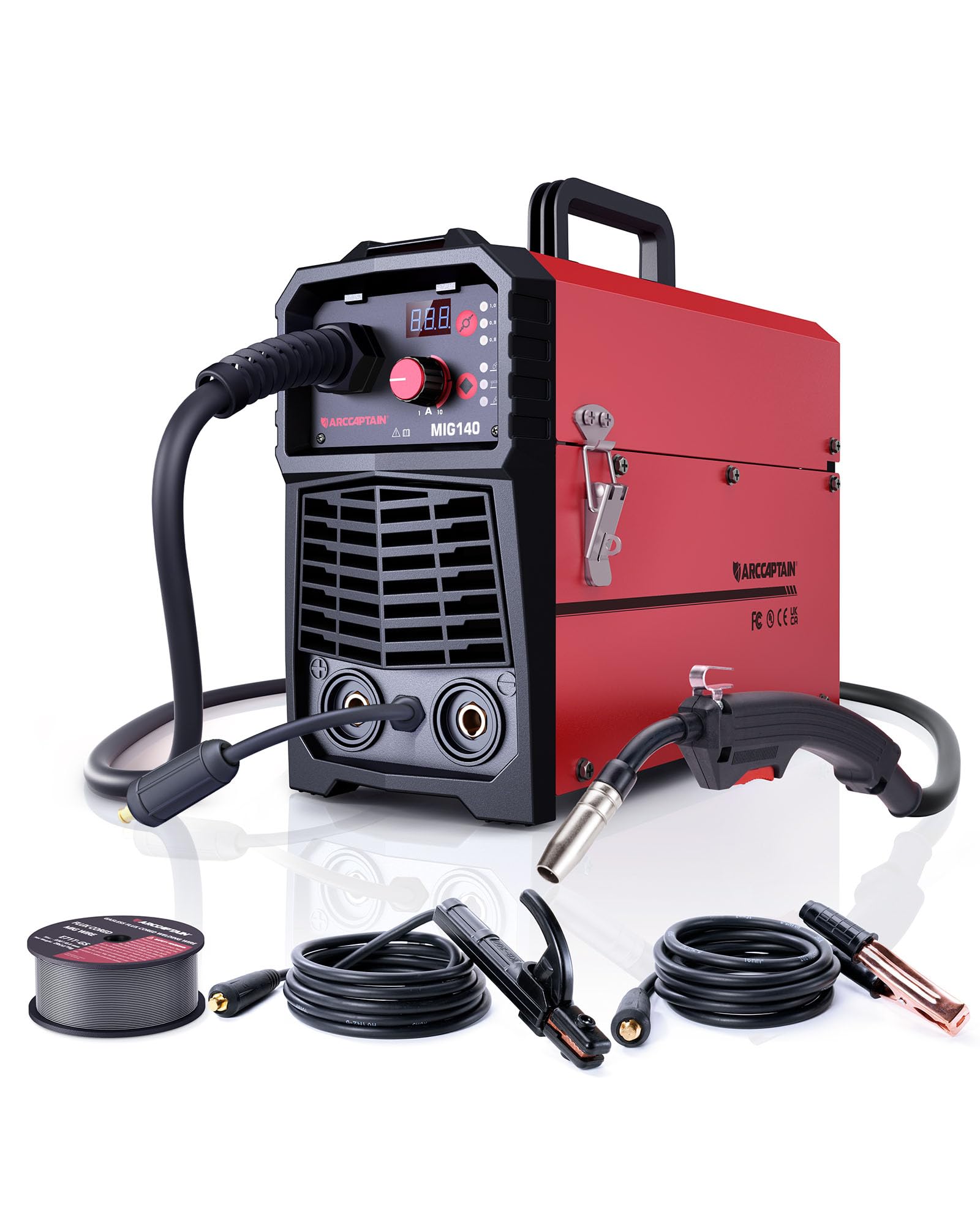 ARCCAPTAIN Saldatrice MIG MAG a Gas Inerte IGBT 140A AC230V Saldatrice a Filo Continuo 5 in 1 con filo animato (FCAW) /MMA E-Hand/Lift TIG con avanzamento filo sinergico e 1 kg di filo animato 0,8 mm