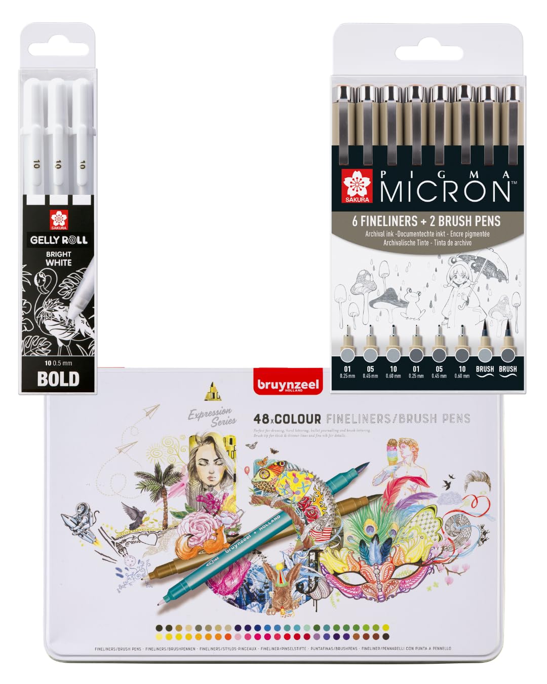 Ideales Schreib- & Illustrationsset – 48 Dual-Tip Brush Pens + Sakura Pigma Micron Fineliner + Weiße Gelly Roll Gelstifte | Kreativset für Handlettering, Journaling & Zeichnen