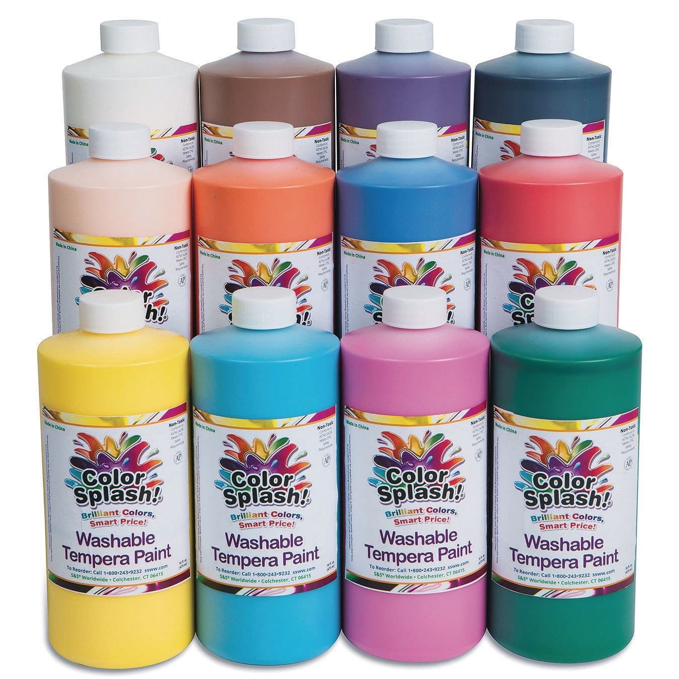 S&S Worldwide Washable Tempera Paint, 16 oz. Assortment (Set of 12), Full Color Range