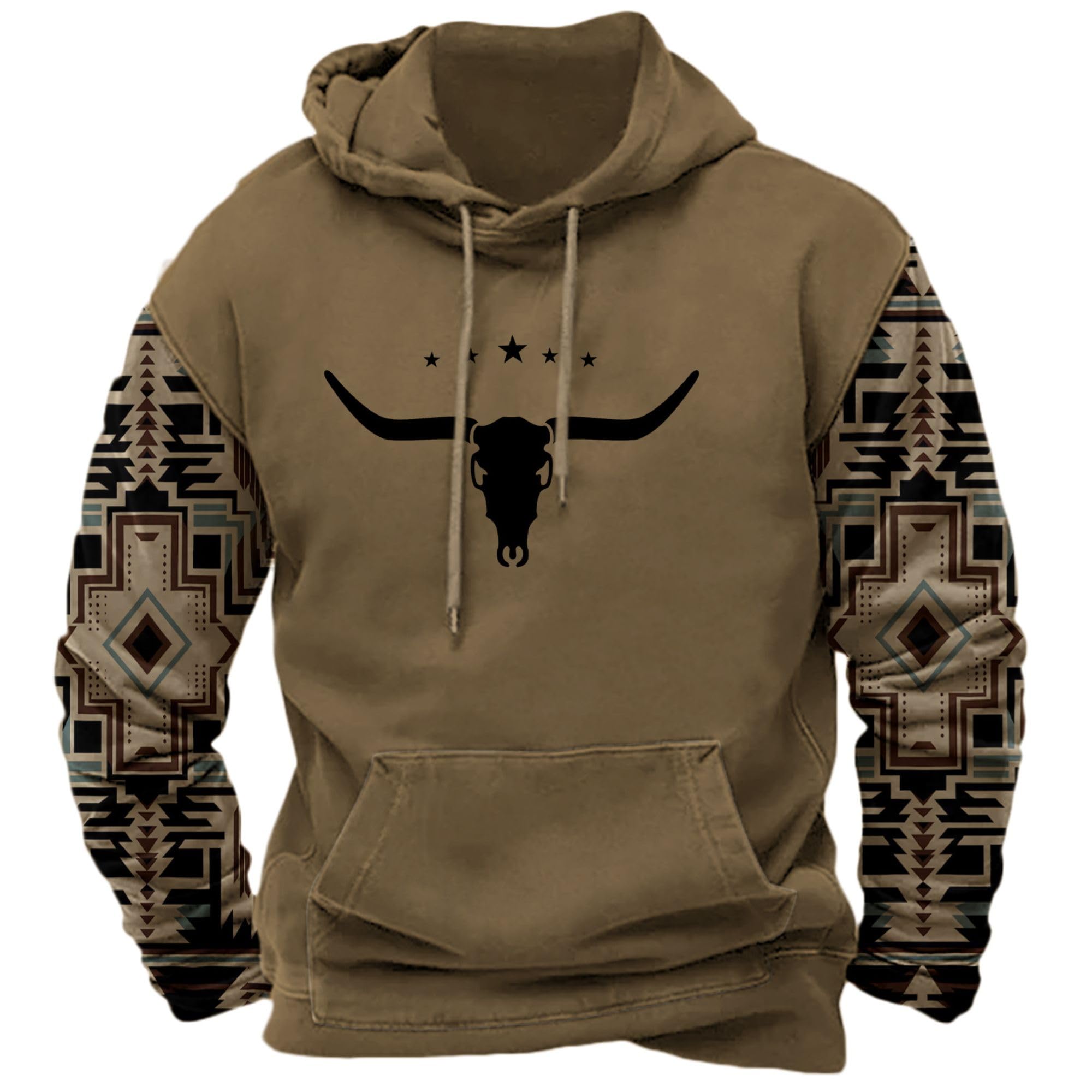 DMOYALA Men's Aztec Cow Skull Hoodie Western Sweatshirt with Hood Vintage Ethnic Tribal Graphic Patchwork Pullvoer