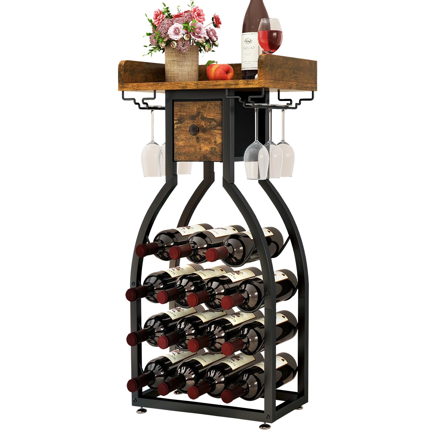 IBUYKE Portabottiglie da Terra per 15 bottiglie,Porta Vino con Porta Calici e Cassetti,Organizzatore da Bar per Bottiglie di Vino,Cantina Vino per Cucina, Sala da Pranzo,Bar,Marrone,TMJ908H