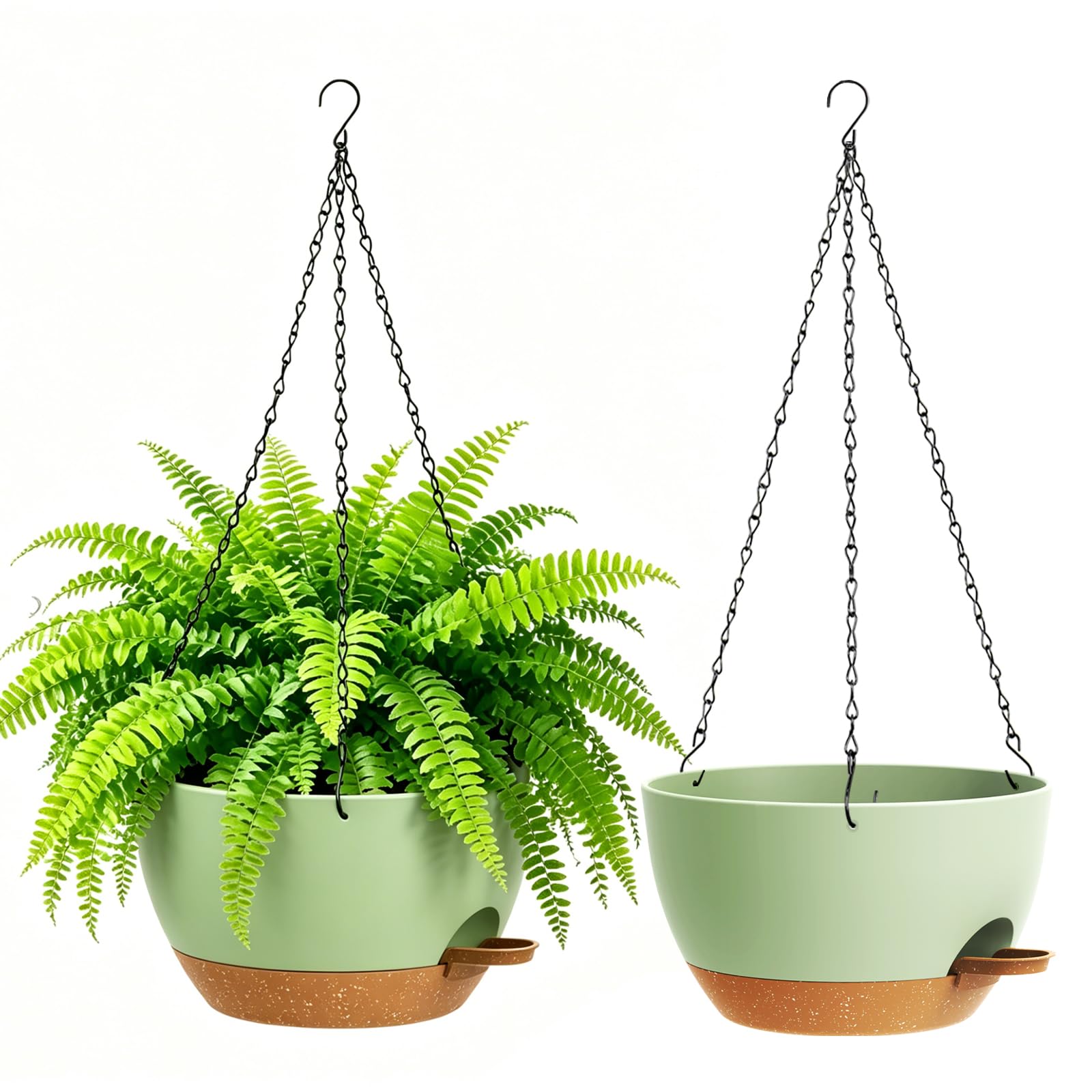 WSMKSZ 25 cm Self Watering Hanging Planters Indoor Outdoor, 2 Pack Plastic Hanging Plant Pots with Drainage Holes & Removable Reservoir, Hanging Baskets for Balcony Porch and Flower, Green Brown
