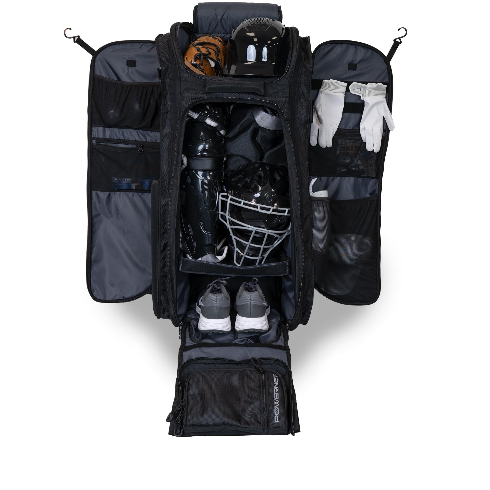 PowerNet Optimus Catcher's Bag, Rolling Equipment Bag Holds All Baseball &amp; Softball Gear, 7 Internal Bat Sleeves, Cleat Compartment, Personalization Panel &amp; Hooks