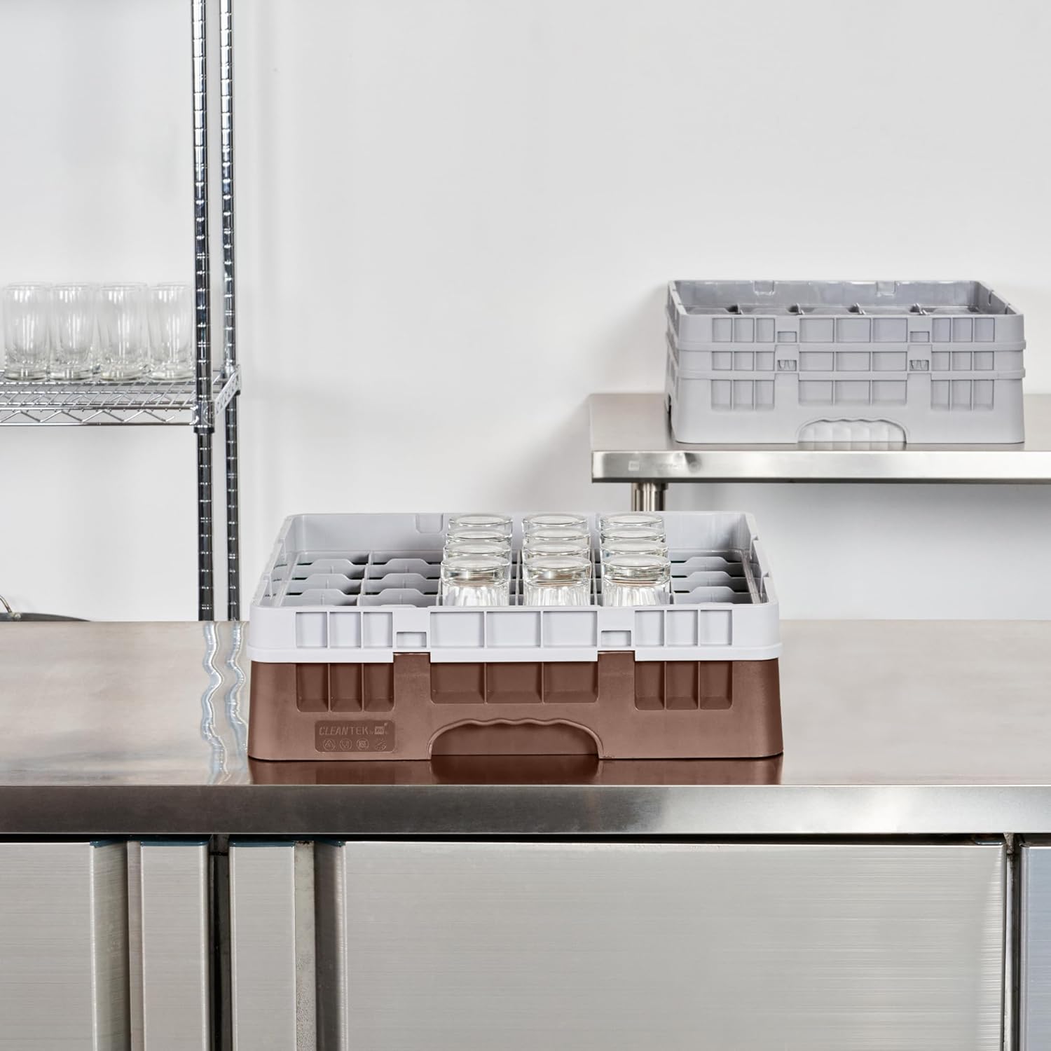 Restaurantware-Clean Tek Professional 36-compartment Glass Rack, 1 Heavy Duty Rack - With 1 Full Drop Extender, Brown Glass Organizers For Restaurants, Bars, Pubs, Cafeterias, and Home Kitchens