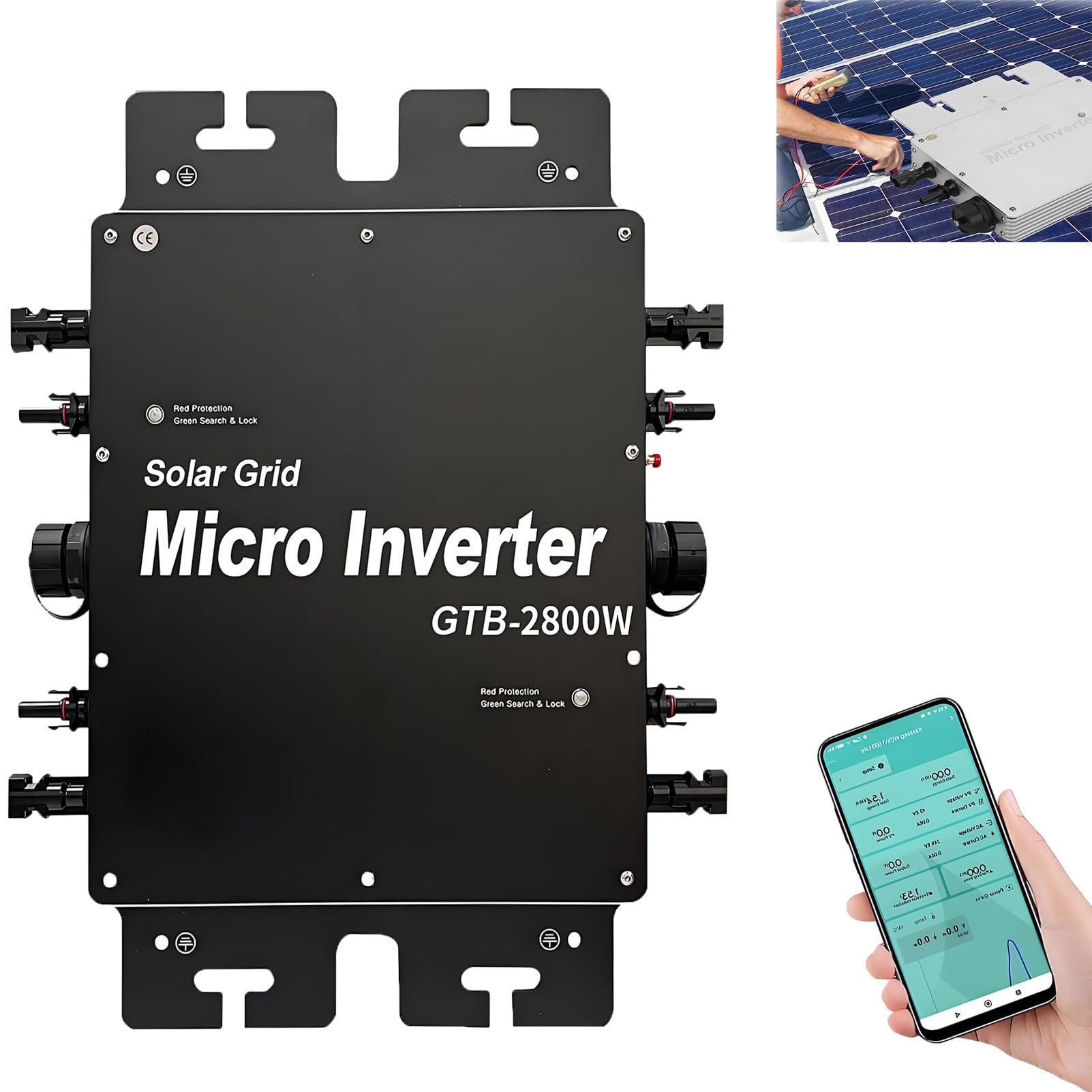 Micro Inverter Plug And Play Fotovoltaico, Microinverter Solare Mppt, Convertitore di Energia Solare Domestica Ip65 Impermeabile, Controllo Tramite App WiFi Intelligente Black-1800W
