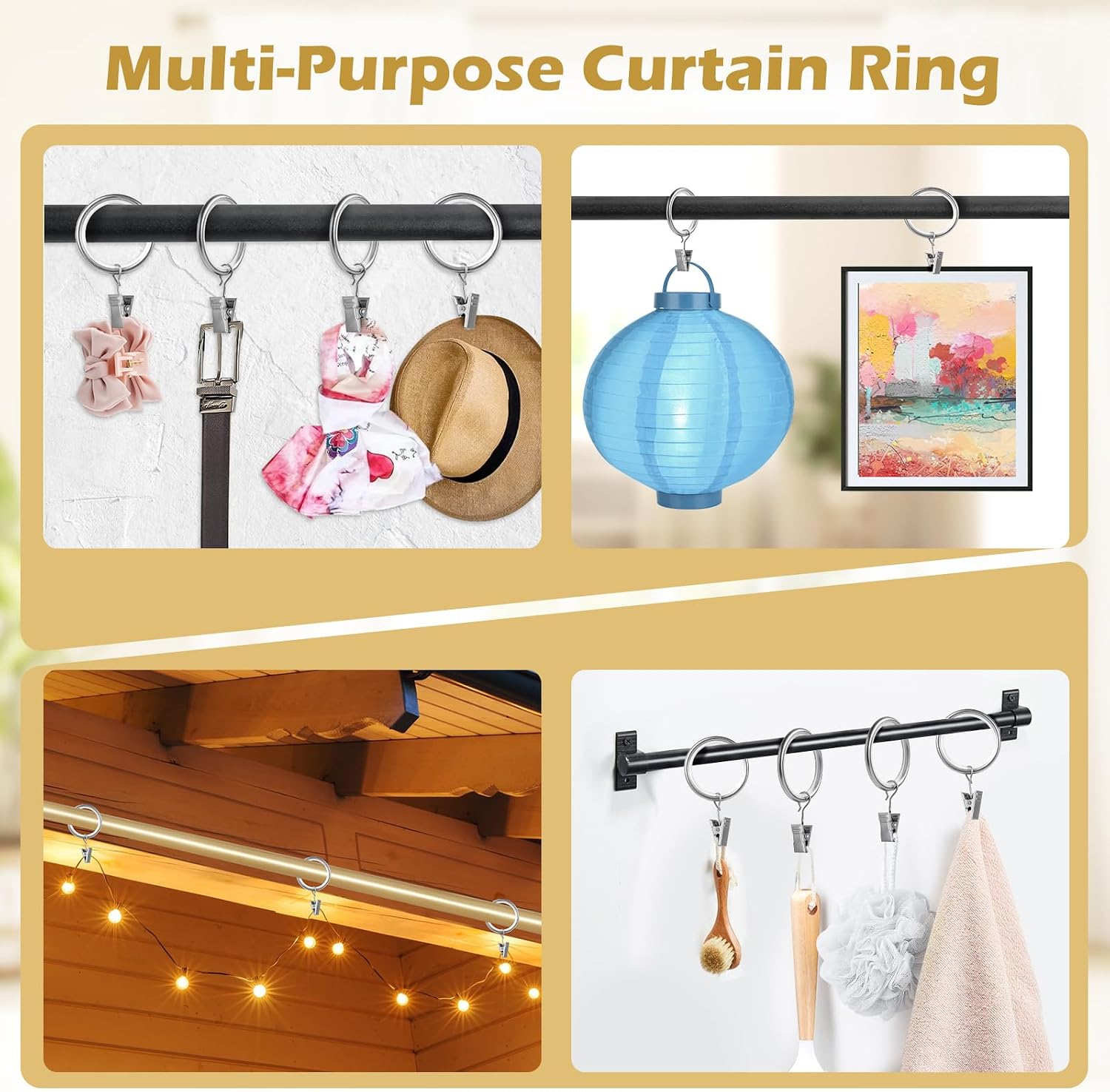 40Pack Silent Curtain Rings with Clips, Aluminum Alloy Clip Ring for Drape Rod, 1.08in Inner Diameter Rings Compatible with up to 0.8 inch Drapery Rod