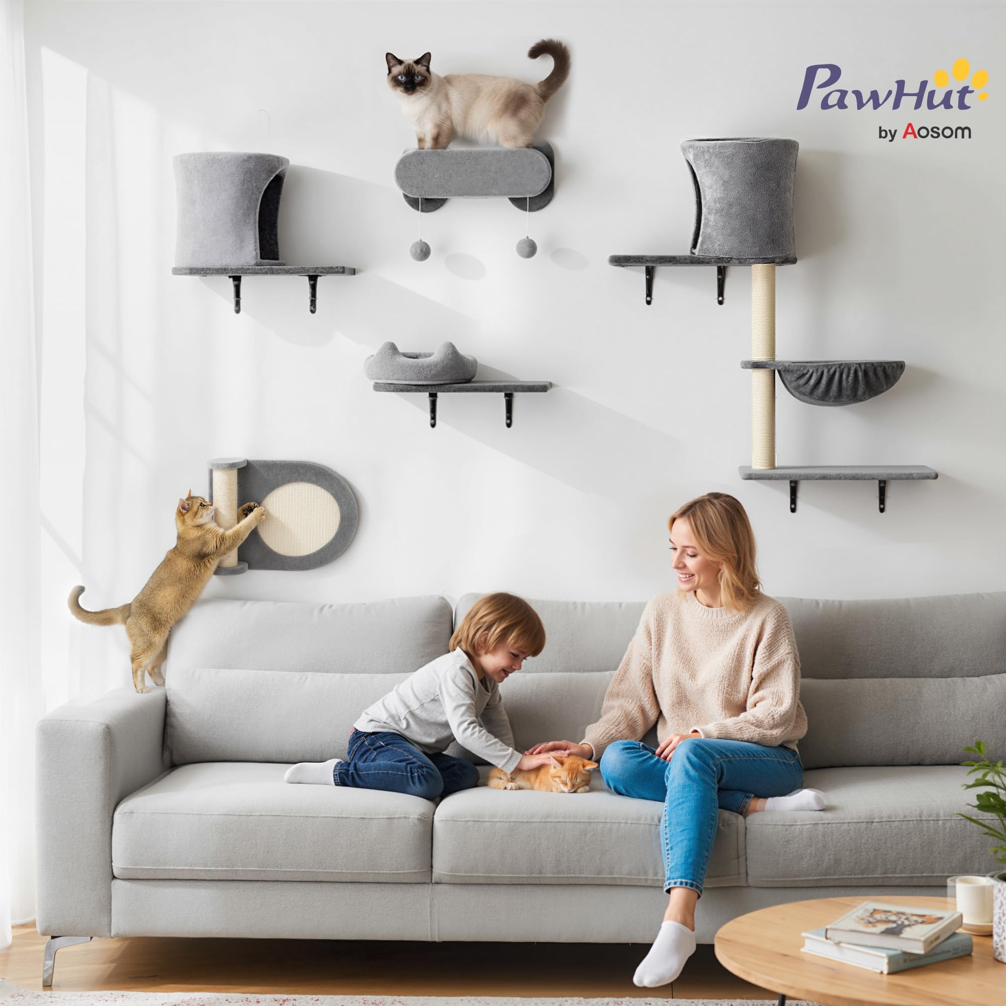PawHut Scaffali a muro per gatti, 5 pezzi, set di mobili, albero a muro per gatti, con 2 nicchie, amaca, piattaforme, tiragraffi in sisal per gattini da interno fino a 5 kg, grigio