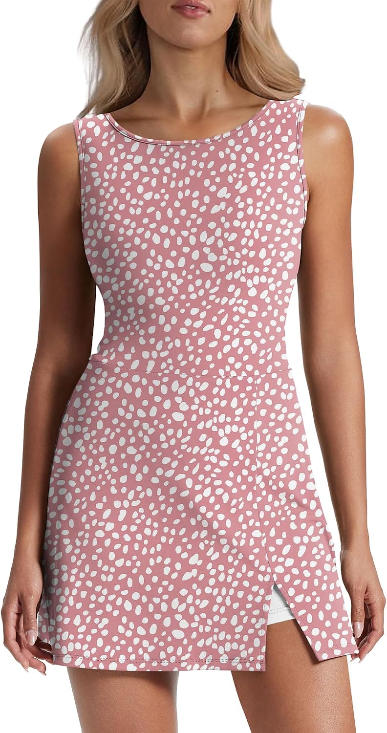 NIASHOT Athletic Dress for Women Mini Crew Neck Sleeveless Built in Shorts with Pockets Tennis Golf Dress