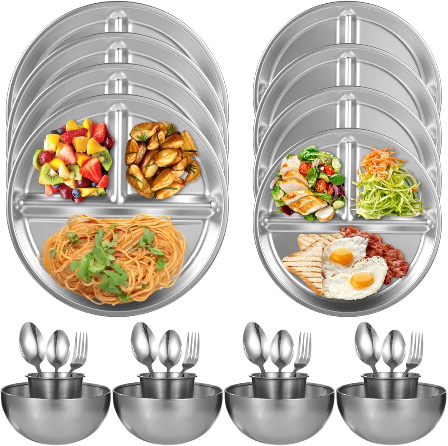 Complete 28-Piece Mess Kit, Polished Stainless Steel Camping Set for Meals, Includes Plates, Bowls, Cups, Forks, Spoons, Perfect for Hiking and Picnics