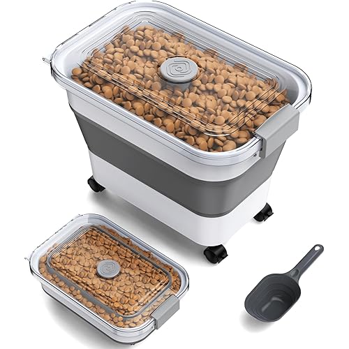 Dog Food Storage Container, 15-23 Lbs Collapsible Dog Food Container with Transparent Airtight Lid, Wheels and Scoop, Travel Pet Food Storage Container for Cat, Dog and Bird, Keep Dry Food Fresh