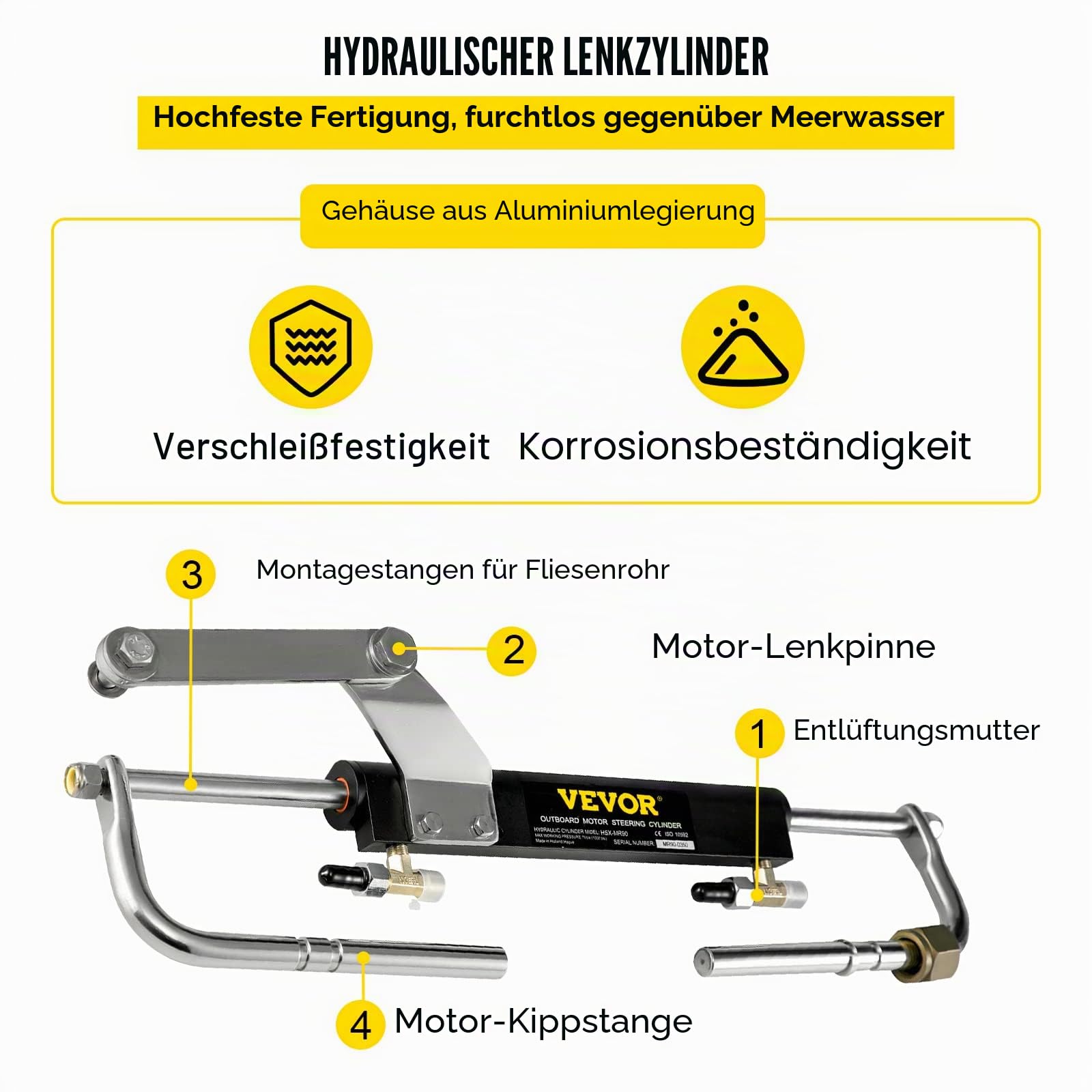 VEVOR Hydraulisches Außenborder-Lenkset 90 PS, Außenborder Hydrauliklenksystem mit Helmpumpenzylinder, Marine-Lenksystem-Satz Schrittweite 200 mm