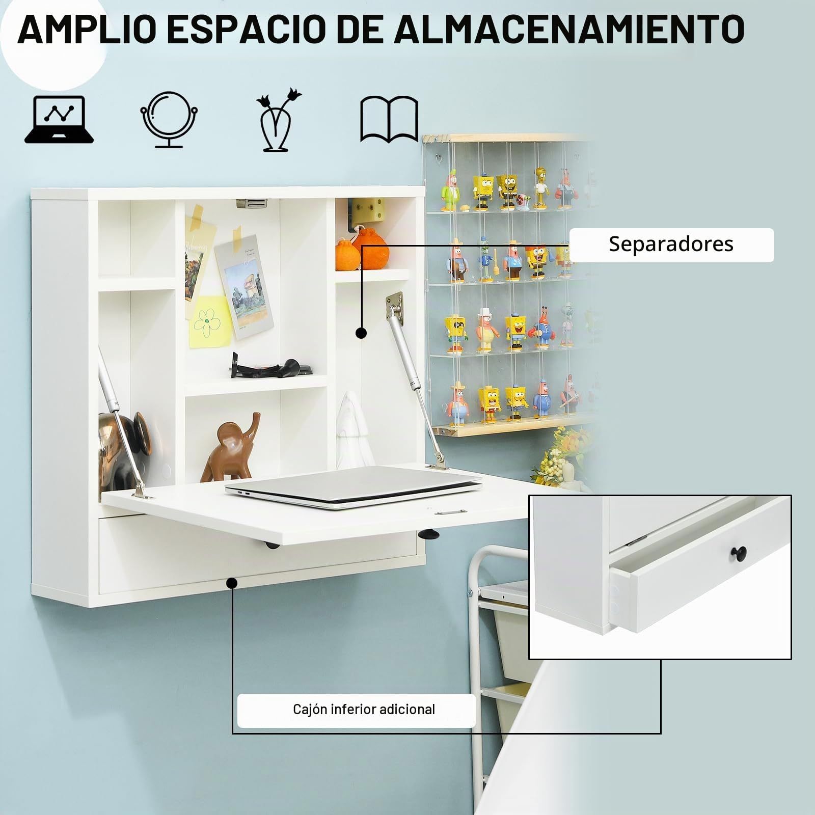 FANTASK Escritorio Plegable para Ordenador con estantes y cajón, Mesa Plegable de Pared, Mesa de Pared para Oficina en casa y Espacios pequeños (Blanco)
