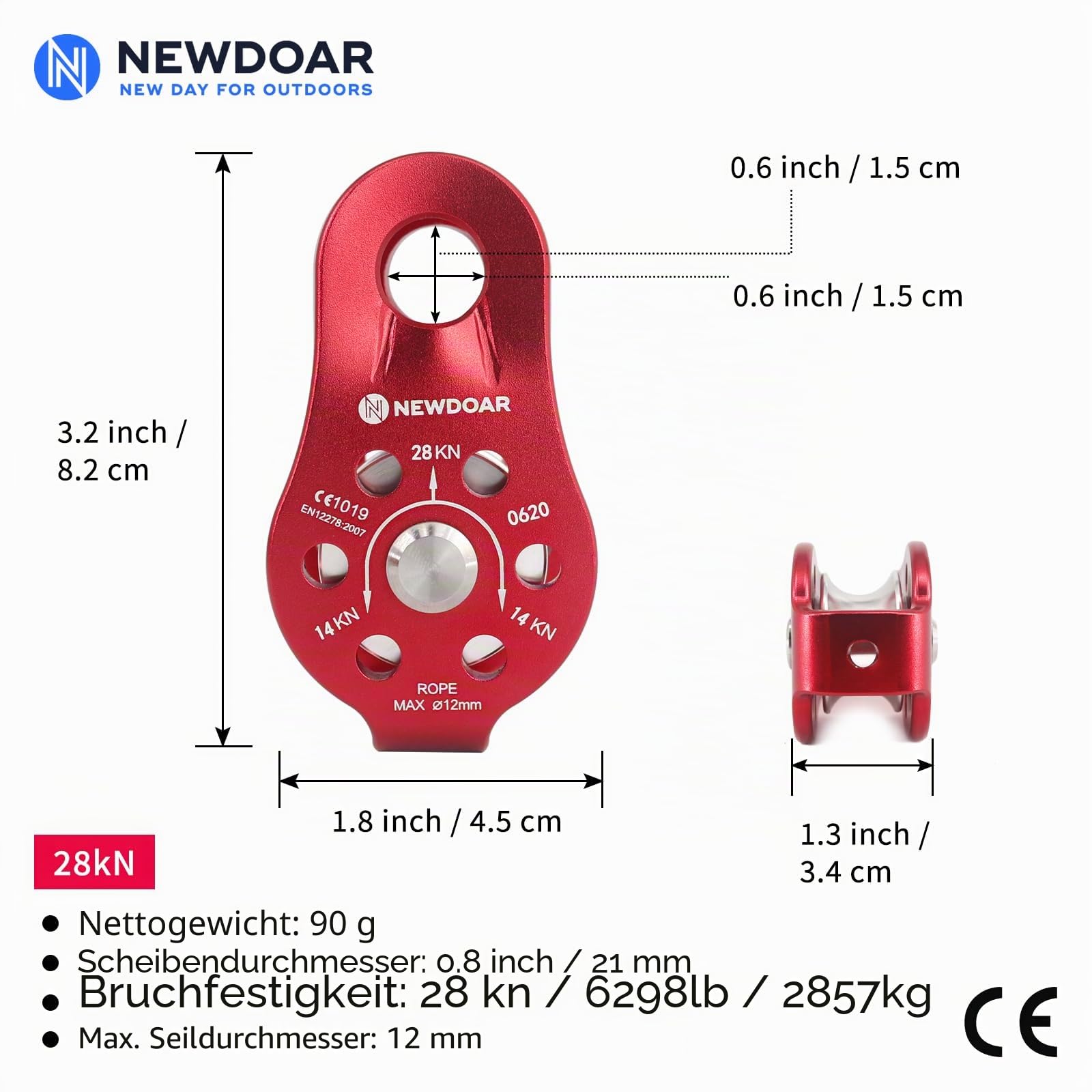 NewDoar CE-Zertifizierter 28KN Mikro Seilrolle Umlenkrolle für Seile mit max. Durchmesser bis 12 mm zum Klettern, Rettungsheben und zur Anhängerkupplung Riemenscheiben