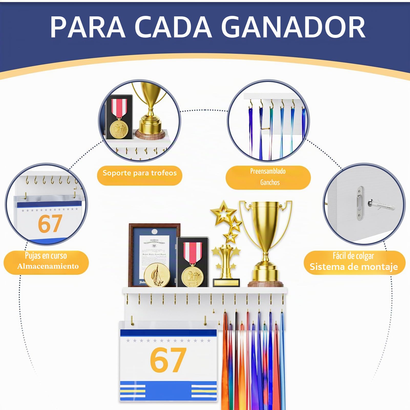 Soporte para medallas, organizador de trofeos, estante de madera resistente para colgar trofeos