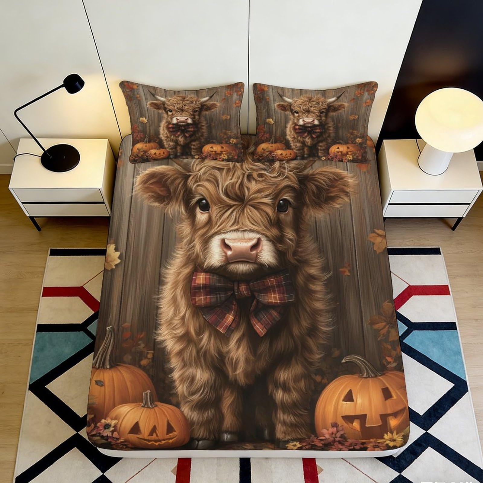 3D Printed Highland Cow Fitted Sheet Microfiber Soft Durable Pumpkin Bed Cover for Bedroom Dormitory Guest Room Mattress Protection 90x200x25cm