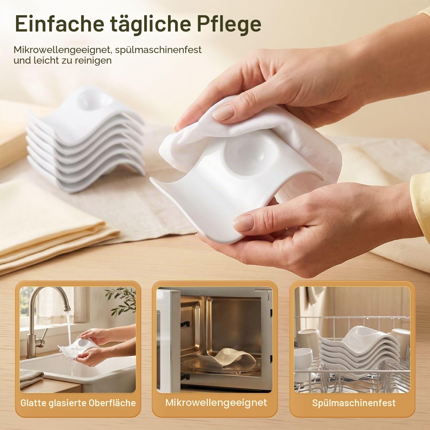 Flexzion Eierbecher für weichgekochte Eier – 6er-Set Keramik-Eierhalter – stapelbare Eierbecher mit Sockel zum Servieren, Frühstück & Brunch – Tischdeko, Wellen